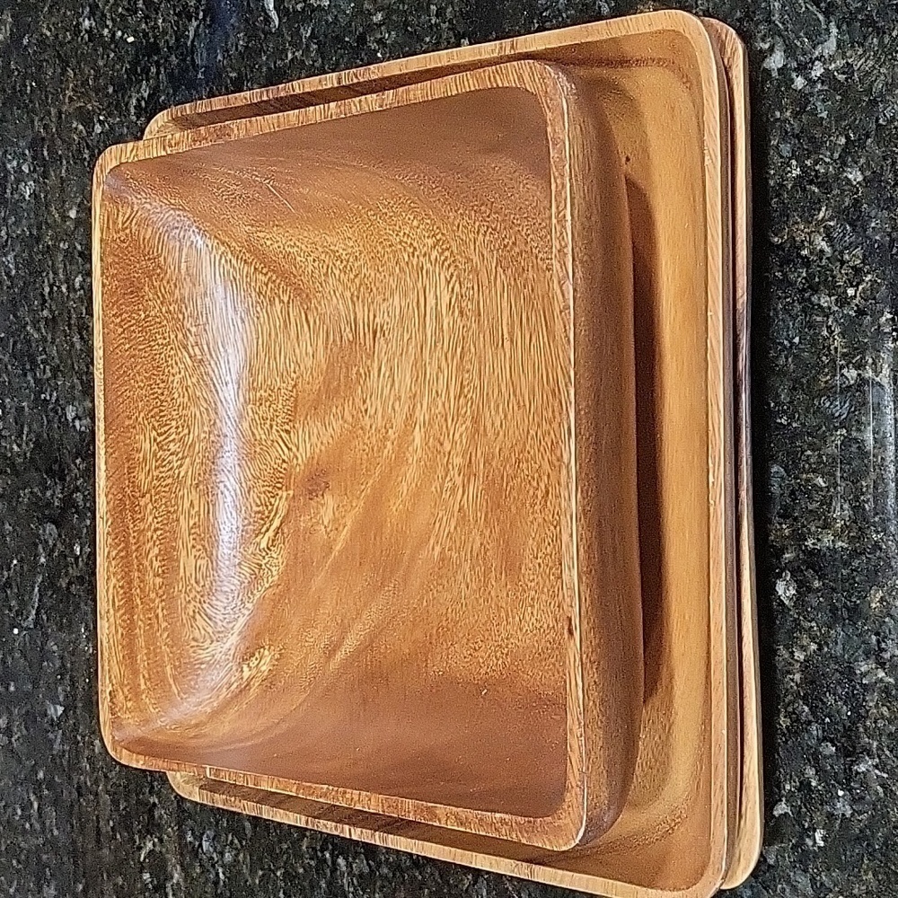 Vintage Canopy Acacia Wood Salad  Bowl 10" and 2 Square 12" Platter